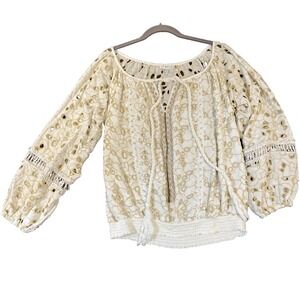 VENUS Bead Metallic Embroided Bell Slv Top S Boho Whimsical Romantic Cream/Gold‎